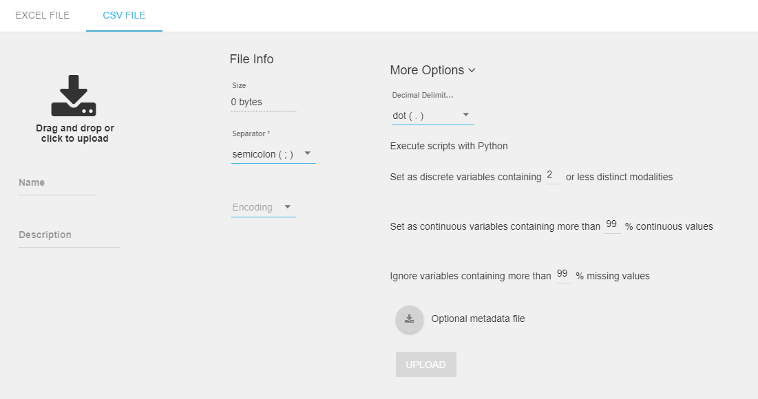 Datasets wizard > More Options