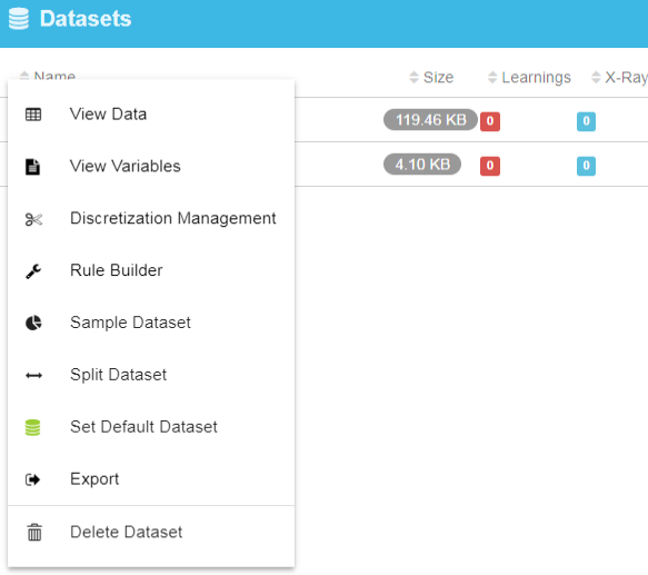 Dataset options menu